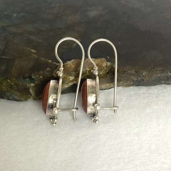 Suarti Sterling Silver 925 BA Oval Goldstone Dangle Kidney Wire Earrings - Picture 6 of 16